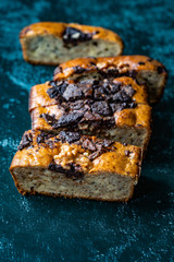 Homemade Organic Healthy Banana Bread Cake Slices with Chocolate Pieces and Walnut.
