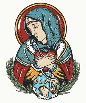 Coronavirus art. Old school tattoo. Stop epidemic. Doctor Virgin Mary prays for the addition of the epidemic. Stay home background. Icon-painting style. Thanks to doctors of the world