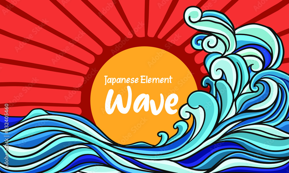 Wall mural blue wave illustration with bright sun