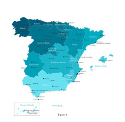 Vector isolated illustration. Simplified administrative map of Spain (including Balearic, Canary islands, Melilla, Ceuta). White background. Names of spanish cities and autonomous communities