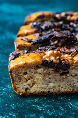 Homemade Organic Healthy Banana Bread Cake Slices with Chocolate Pieces and Walnut.