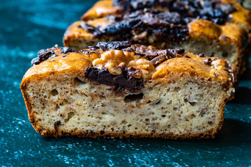 Homemade Organic Healthy Banana Bread Cake Slices with Chocolate Pieces and Walnut.