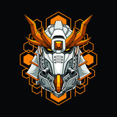 Mecha head samurai with sacred geometry pattern