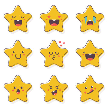 Cute stars with emotions vector cartoon characters set isolated on a white background.