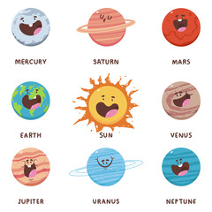Cute planets solar system vector cartoon characters set isolated on white background.
