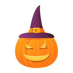 Yellow halloween pumpkin carved faces in hat.Festive vegetable design element. Realistic vector illustration.