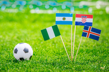 National Flags of Argentina, Iceland, Croatia, Nigeria. Flags on green grass on football stadium