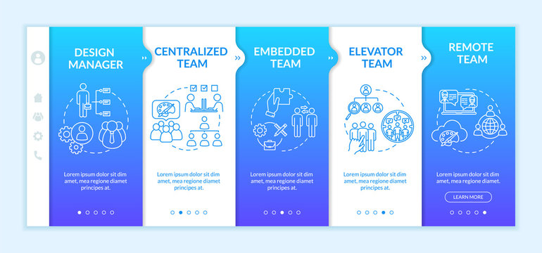 Types Of Design Team Onboarding Vector Template. Design Manager. Centralized Team. Embedded Team. Responsive Mobile Website With Icons. Webpage Walkthrough Step Screens. RGB Color Concept