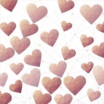 Heart background. Polygonal hearts in yellow brown colors. Amazing digital design. Beautiful vector illustration.