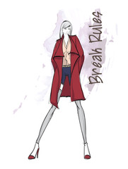 Beautiful young woman in modern style. Hand drawn stylish woman portrait. Fashion lady. Festive outfit. Sketch. Fashion model posing in dress. Hand drawn fashion woman.