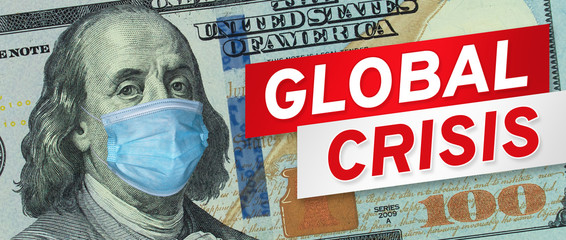 Medical mask on a banknote of 100 dollars, concept of the global financial crisis. Medical mask or...