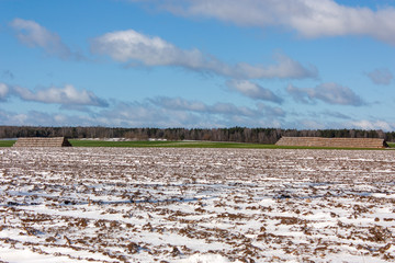 The surroundings of Grodno. Belarus. Spring landscape. March snow covers green fields and plowed...