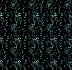 Obraz premium Trendy. Seamless pattern. For fabric design, for fashion. Texture for prints and on a colored background. Illustration for the interior. Iris flowers