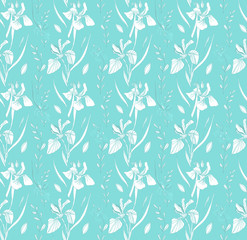 Trendy. Seamless pattern. For fabric design, for fashion. Texture for prints and on a colored background. Illustration for the interior. Iris flowers