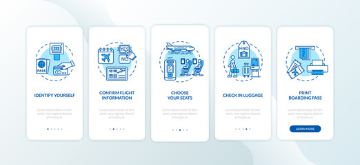 Self check in onboarding mobile app page screen with concepts. Airport self service terminal walkthrough five steps graphic instructions. UI vector template with RGB color illustrations