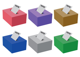 Set of different colored voting ballot boxes isolated against white background. Concept of freedom or democracy.