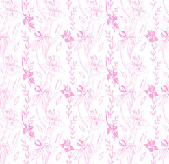 Trendy. Seamless pattern. For fabric design, for fashion. Texture for prints and on a colored background. Illustration for the interior. Iris flowers