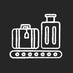 Baggage on conveyor belt chalk white icon on black background. Luggage with tags on carousel. Airport terminal checkpoint for bags. Passenger cases. Isolated vector chalkboard illustration
