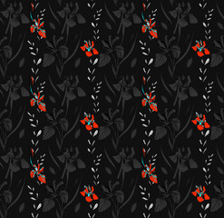 Trendy. Seamless pattern. For fabric design, for fashion. Texture for prints and on a colored background. Illustration for the interior. Iris flowers