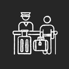 Airport check in chalk white icon on black background. Passenger waiting at registration desk. Receptionist at counter at aircraft terminal. Isolated vector chalkboard illustration