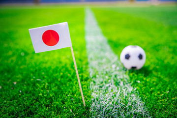 Japan national Flag and football ball on green grass. Fans, support photo, edit space
