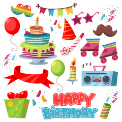Happy Birthday party elements vector cartoon set isolated on a white background.