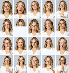 Beautiful woman with different facial expressions and gestures
