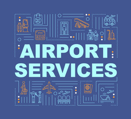 Airport services word concepts banner. Commercial flights, airplane travel infographics with linear icons on blue background. Isolated typography. Vector outline RGB color illustration