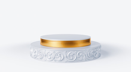 Clean white gold product pedestal on white background, gold frame, memorial board, abstract minimal concept, blank space, clean design, luxury mockup. 3d render 
