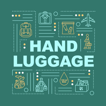 Hand luggage word concepts banner. Baggage handling tips. Comfortable tourism infographics with linear icons on turquoise background. Isolated typography. Vector outline RGB color illustration