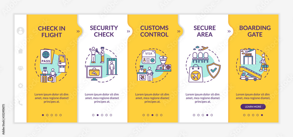 Poster airport terminal onboarding vector template. international airline company responsive mobile website