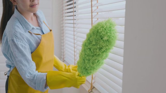 Young asian woman cleaning house wiping dust using Feather broom and duster while cleaning on window House keeping concept