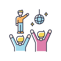 Fan meeting RGB color icon. Party in disco club. People dancing at celebration. Nightclub performance. Night life entertainment. Weekend dance session. Isolated vector illustration