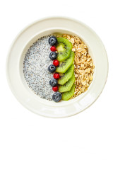 healthy food smoothie bowl, oatmeal, chia seeds and berries (breakfast dish or healthy snack) menu keto or paleo concept. background. top view. copy space for text