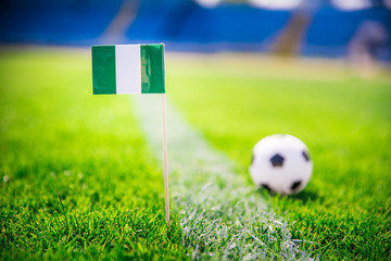 Nigeria national Flag and football ball on green grass. Fans, support photo, edit space