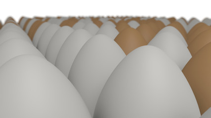 3D rendering of many colored eggs on a white background. Illustration for compositions on healthy nutrition and proper lifestyle.