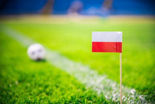 Poland national Flag and football ball on green grass. Fans, support photo, edit space