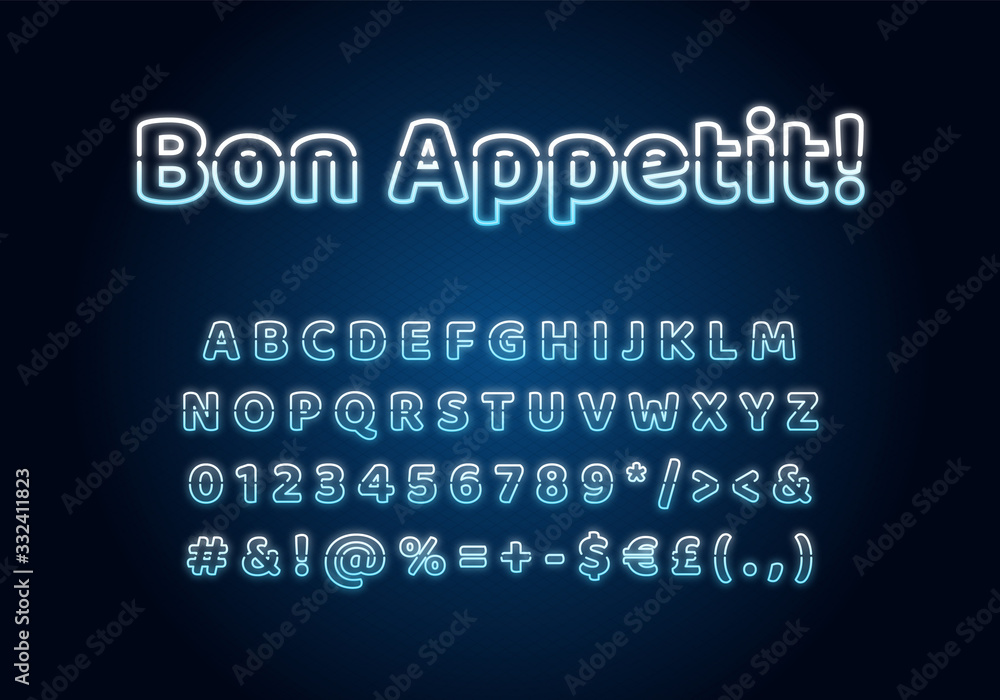 Fototapete bon app?tit neon light font template. blue illuminated vector alphabet set. bright capital letters, 