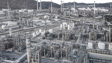 Aerial view of oil refinery plant industry on white background