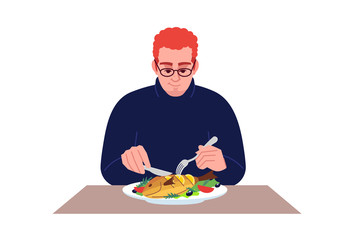 Redhead guy eating seafood semi flat RGB color vector illustration. Dinner at restaurant. Caucasian man enjoying salmon with lemon and vegetables isolated cartoon character on white background