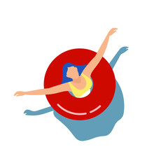 Beauty girl swimming in rubber ring. Sexy woman in swimsuit lying in rubber donut, isolated on white. Simple female character in water, beach vacation. Pool party. Top view. Flat vector illustration