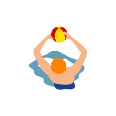 Handsome boy playing beach ball, sport activity. Man and shadow isolated on white background. Simple male character in swimsuit on beach vacation, pool party. Top view. Flat vector illustration