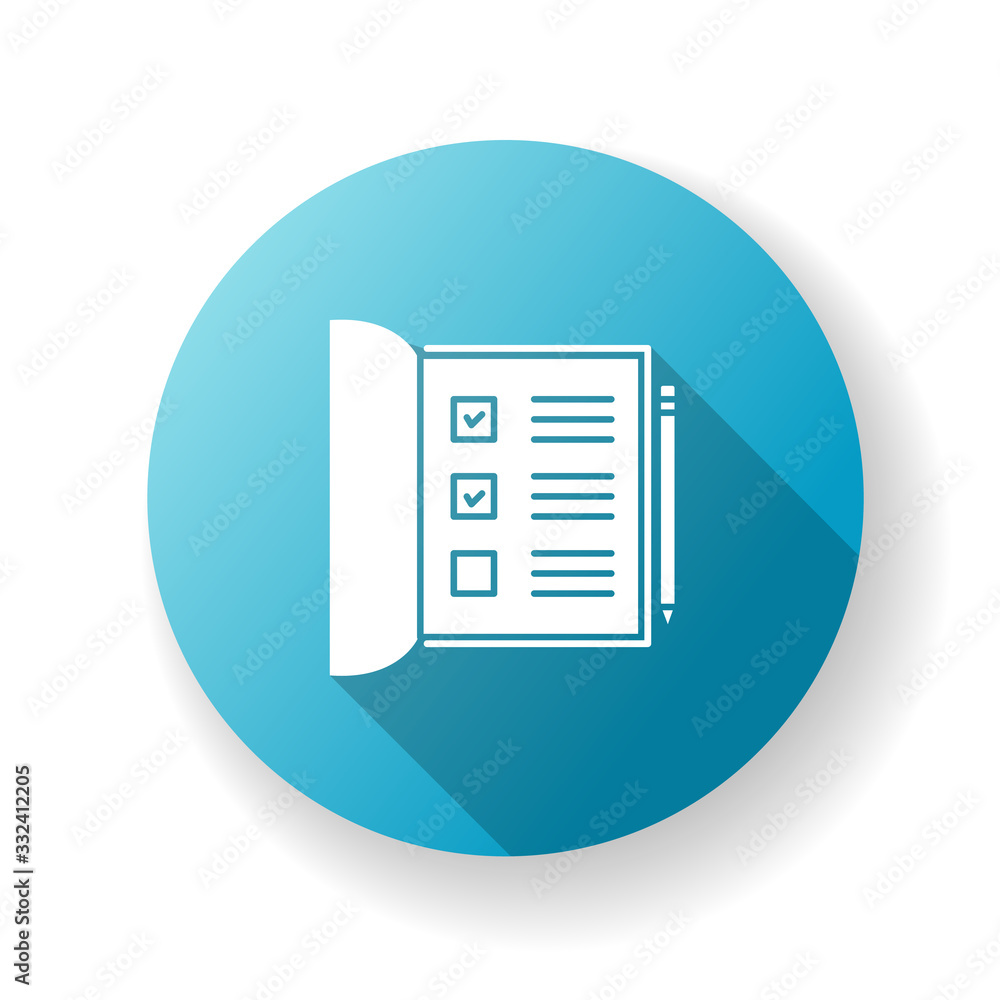 Poster open notebook blue flat design long shadow glyph icon. list with ticked checkboxes. mark boxes for p