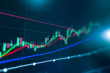 Stock market trading graph and candlestick chart on screen monitor for financial investment and economic concept.