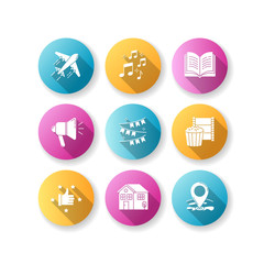 Fototapeta premium Recreation flat design long shadow glyph icons set. Travel with flight. Music notes. Loudspeaker broadcast. Event decoration. Movie night. Recommendation sign. Silhouette RGB color illustrations