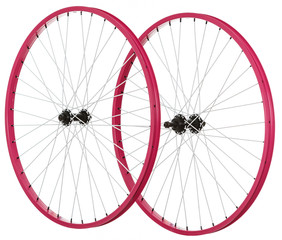 Bicycle wheels on a white background for online sale. Pink