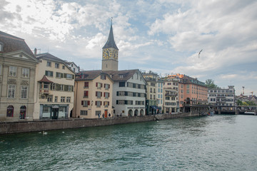 Fototapeta na wymiar European old town and riverbank, Zurich Old Town and Limmat river