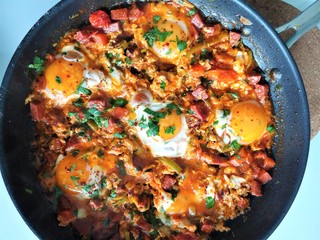 Meleme, Turkish breakfast. An omelet with eggs, sucuk sausage, tomatoes, onions, peppers and fresh herbs.