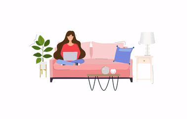 Girls working at home. Young woman sitting on a sofa and using laptop. Freelance, self employed, freedom, in living room.