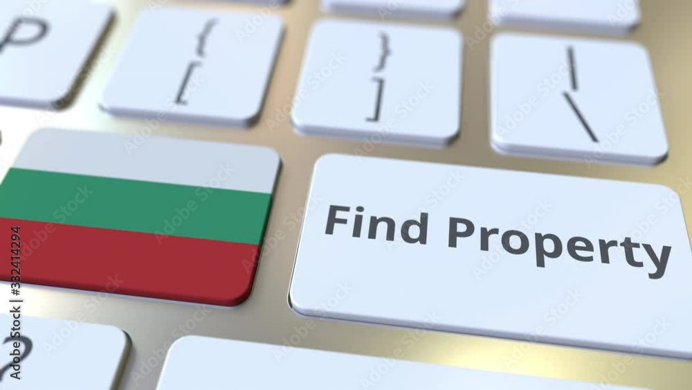 Poster find property text and flag of bulgaria on the keyboard. online real estate service related conceptu